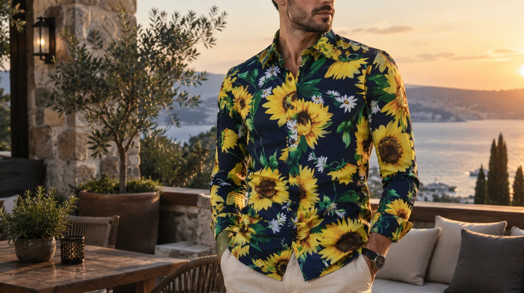 Deniz manzaralı terasta ayçiçeği desenli lacivert gömlek giyen model