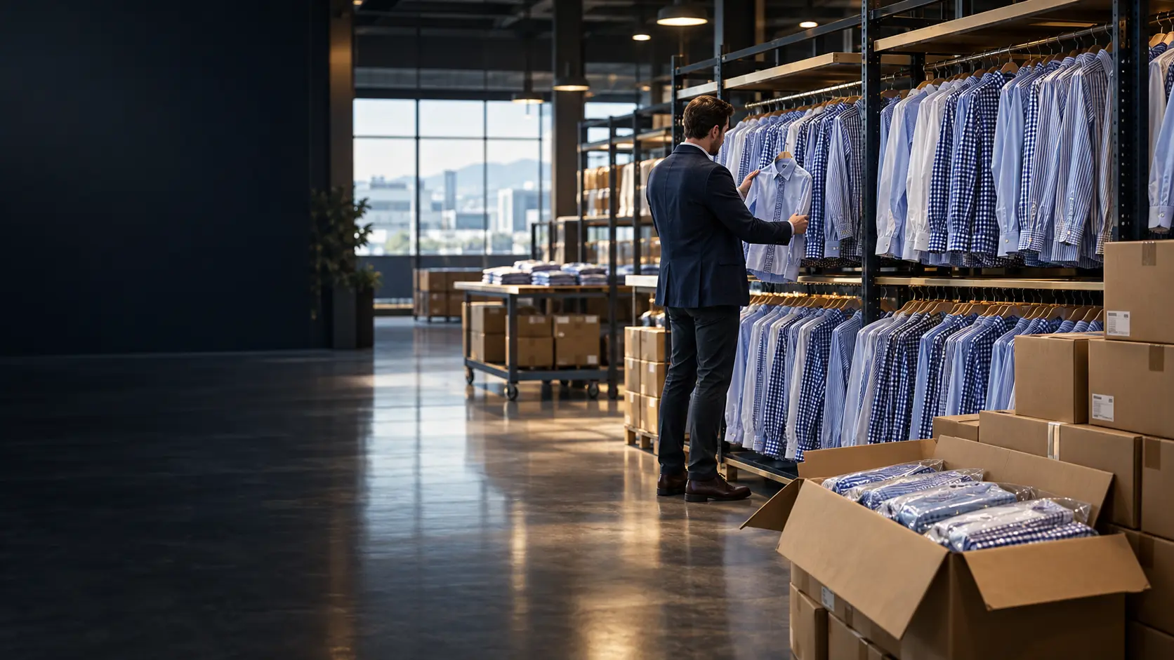 Toptan showroom: raflarda seri halinde gömlekler ve sevkiyata hazır koliler